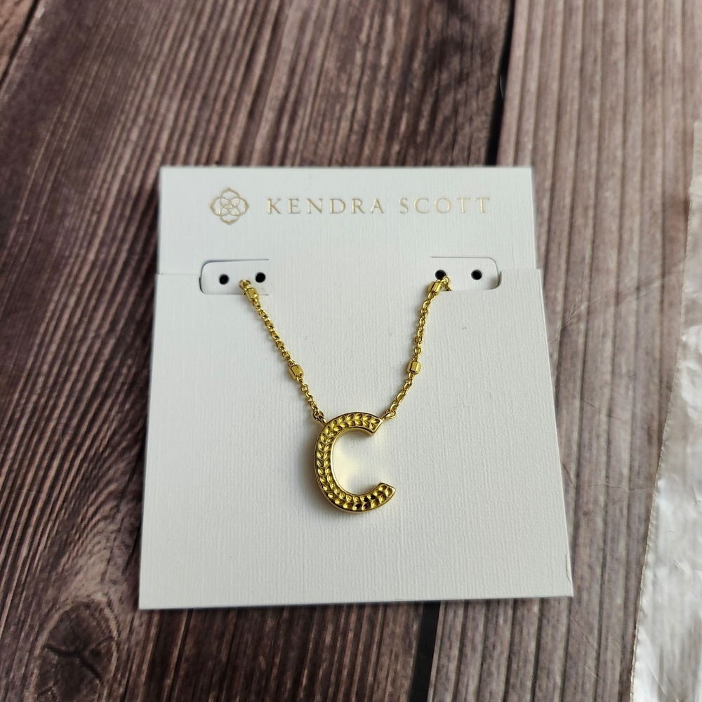Kendra Scott Letter C Initial Pendant Necklace Gold Tone Textured NWT Designer